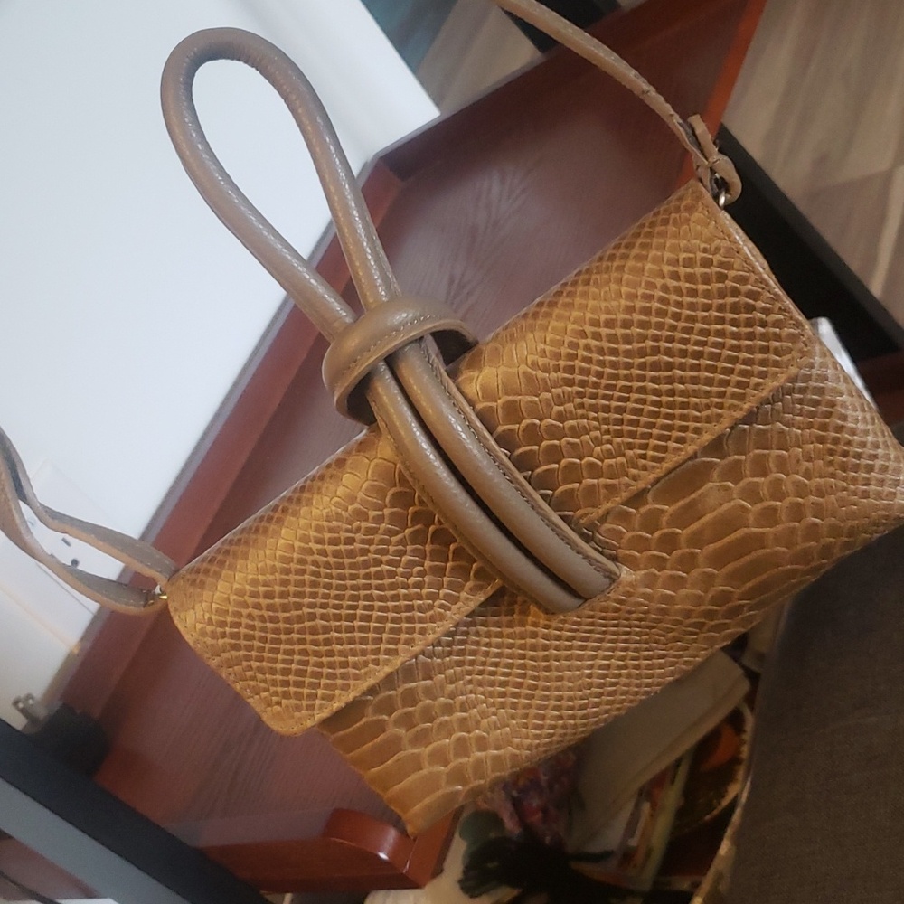 Purse, brown olive color, snake print, wristlet or shoulder strap